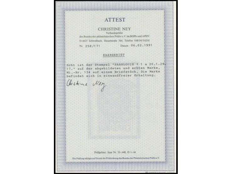 10 Fr. mit sauberem Stempel "SAARLOUIS 20.1.29" auf kleinem Briefstück, Kabinett, sign. Hoffmann BPP mit Fotoattest sowie Fot