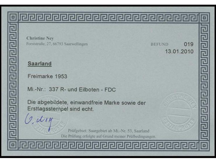 500 Fr. mit Ersttagsstempel "SAARBRÜCKEN 1.8.53" auf philatelistischem Eilboten-R-Brief, Fotobefund Ney BPP