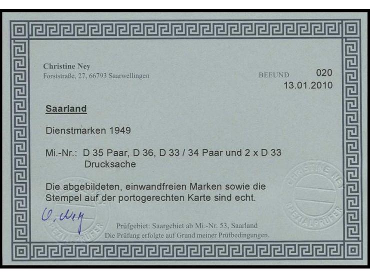 1949, 10 (4) und 30 C. (2) sowie 1 (2) und 2 Fr. auf portogerechter Orts-Drucksache von "SAARBRÜCKEN 21.12.50", Fotobefund Ne