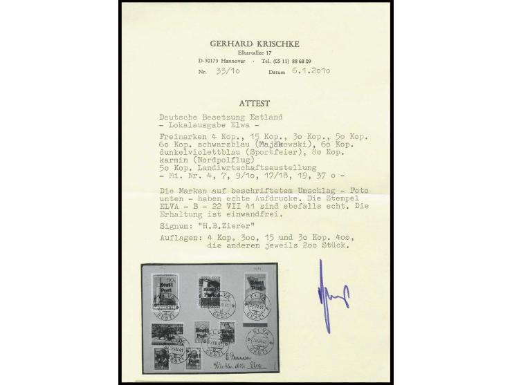 1941, 4 K. mit Zufrankatur von 7 Werten mit Stempel "ELVA 22 VII 41" auf beschriftetem Umschlag, Kabinett, sign. Zierer sowie