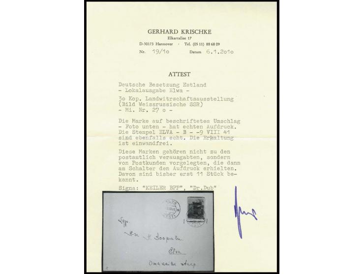 Weissrussische SSR 30 K. mit sauberem Stempel "ELVA -9 VIII 41" auf beschriftetem Umschlag, rechts ein Zahn verfärbt, ansonst