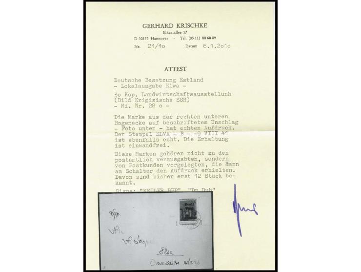 30 K., aus der rechten unteren Bogenecke mit Stempel "ELVA -9 VIII 41" auf beschriftetem Umschlag, Kabinett, 12 Stück bekannt