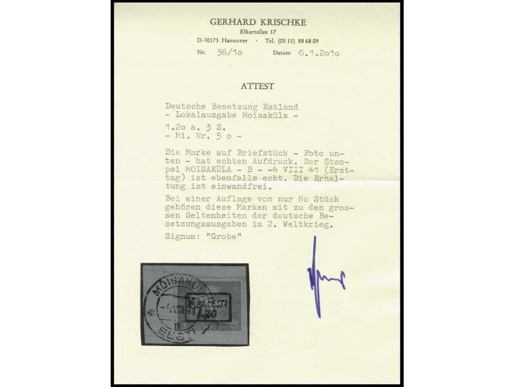 1,20 a 3 S. mit sauberem Ersttagsstempel "MOISAKÜLA  -4 VIII 41" auf kleinem Briefstück, Kabinett, eine sehr seltene Marke, s