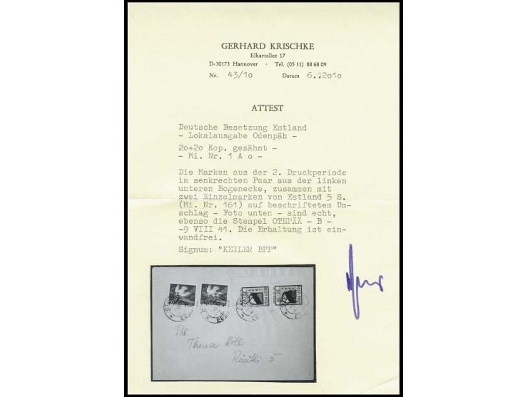 1941, gezähnt: 20 K. im senkrechten Paar aus der linken unteren Bogenecke in Mischfrankatur mit zwei Stück Estland 1940,  10 