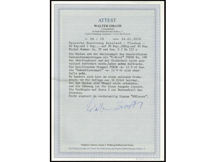 dito, mit Zufrankatur auf beschrifteter Ganzsache mit Stempel "PSKOW 12 9 41", in einwandfreier Erhaltung, Fotoattest Zirath 
