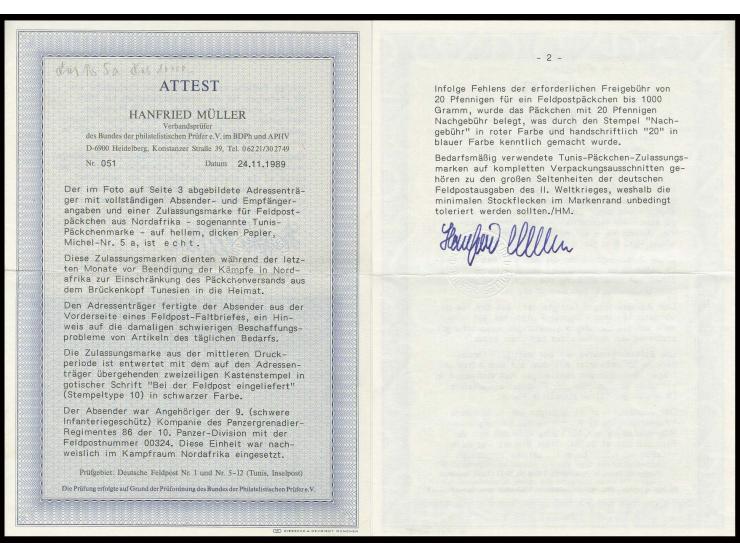 1943, Tunis-Päckchenmarke auf dickem Papier in guter Erhaltung mit Ra2 "Bei der Feldpost eingeliefert" auf Päckchenadresse mi