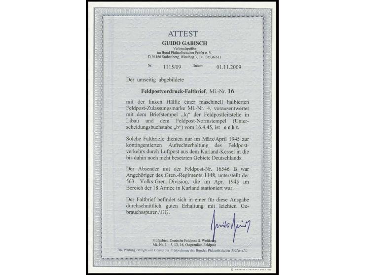 1945, Kurland-Halbierung, linke Hälfte, vorausentwertet mit Briefstempel "lq" und Fp-Aufgabestempel "b 16.4.45" nach Hamburg,