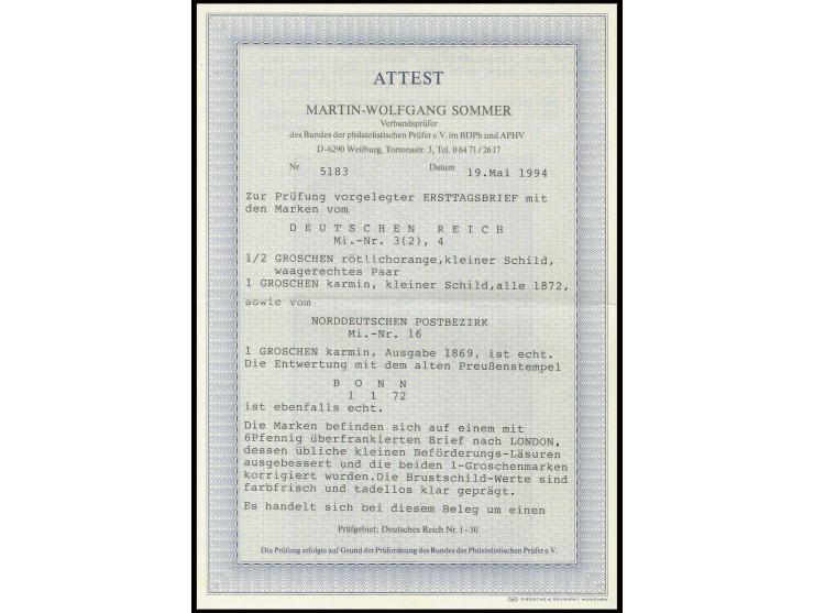 ½ Gr. rötlichorange im waagerechten Paar und 1 Gr. karmin sowie NDP 1 Gr. gezähnt mit mehrfach sauber auf- sowie nebengesetzt