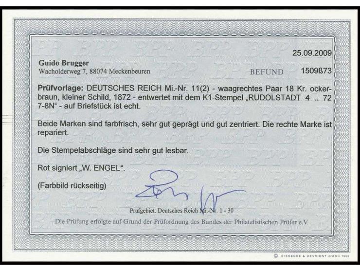 18 Kr. ockerbraun im waagerechten Paar, farbfrisch, sehr gut geprägt und gezähnt mit jeweils klarem EKr. "RUDOLSTADT 4 3 72" 