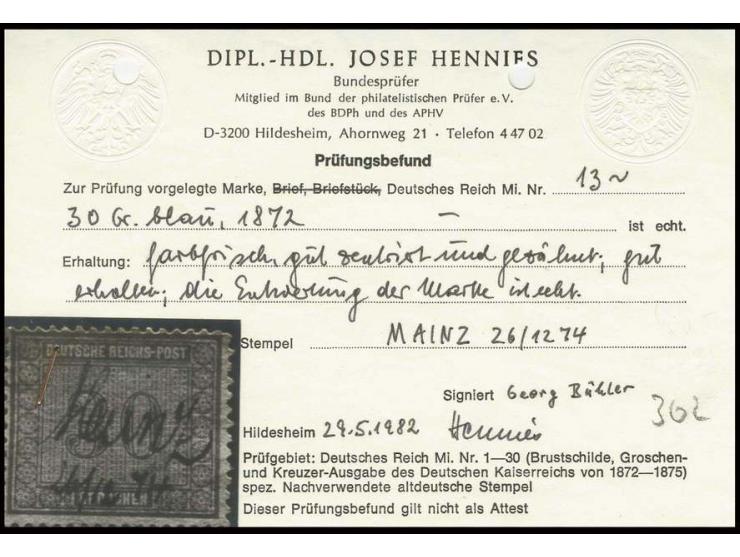 30 Gr. dunkelgraublau mit handschriftlicher Entwertung "Mainz 26/12 74", Pracht, sign. Bühler und Fotobefund Hennies BPP (Mi.