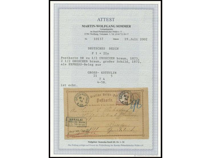 2½ Gr. mittelrötlichbraun, klar geprägt und gut gezähnt auf Ganzsachenkarte ½ Gr. braun (links kleines Aufnadelungsloch) mit 