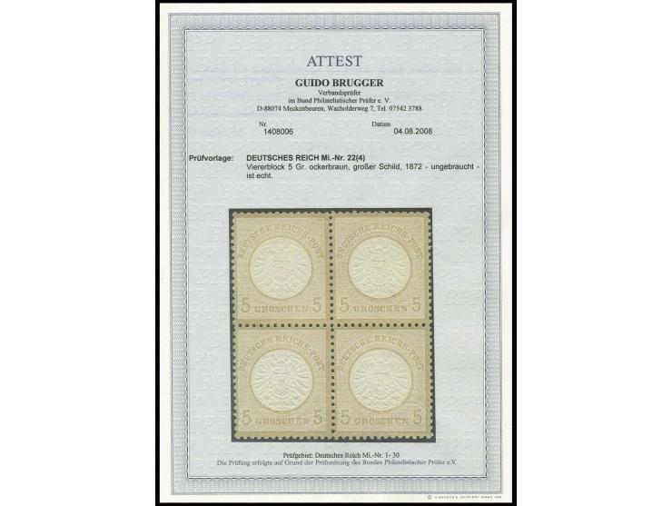 5 Gr. ockerbraun im sehr gut gezähnten und geprägten 4er-Block, postfrisch in laut Fotoattest Brugger BPP sehr guter Gesamter