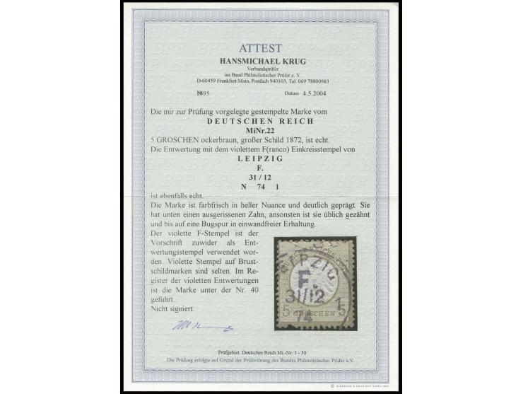 5 Gr. ockerbraun, ein Zahn ausgerissen sonst üblich gezähnt mit leichter Bugspur, mit violettem F(ranco)-EKr. von "LEIPZIG F.