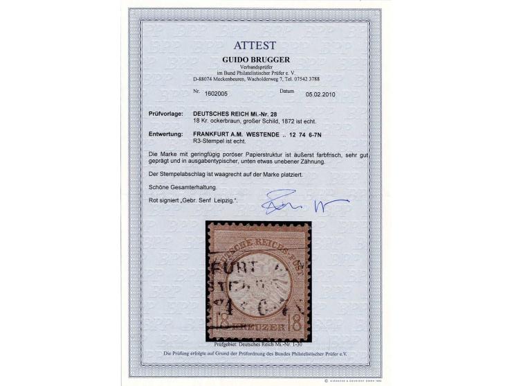 18 Kr. ockerbraun mit Ra3 "FRANKFURT A.M. WESTENDE 12 74", sauber gestempelt, unten etwas uneben gezähnt, Fotoattest Brugger 