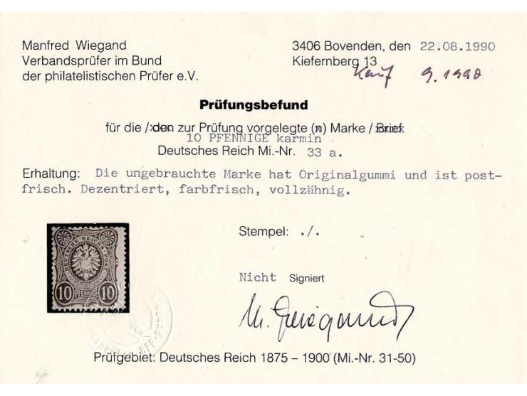 10 Pfge. karmin, postfrisch, Pracht, Fotobefund Wiegand BPP (Mi. 400,-)