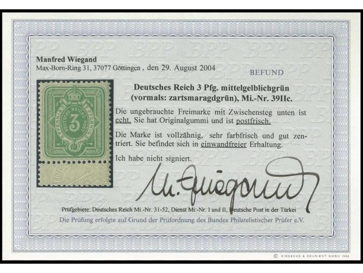 3 Pfg. mittelgelblichgrün, sehr farbfrisch und gut zentriert, postfrisch mit Zwischenstegansatz unten, unsigniert mit Befund 