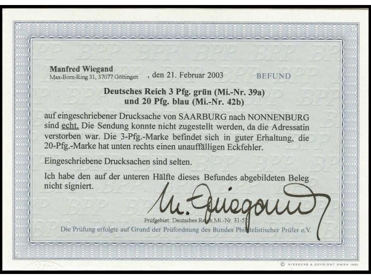 3 Pfg. grün und 20 Pfg. blau (kleiner Eckfehler) auf R-Faltdrucksache von "SAARBURG IN LOTHRINGEN 21.10.85" nach Nonnenburg u