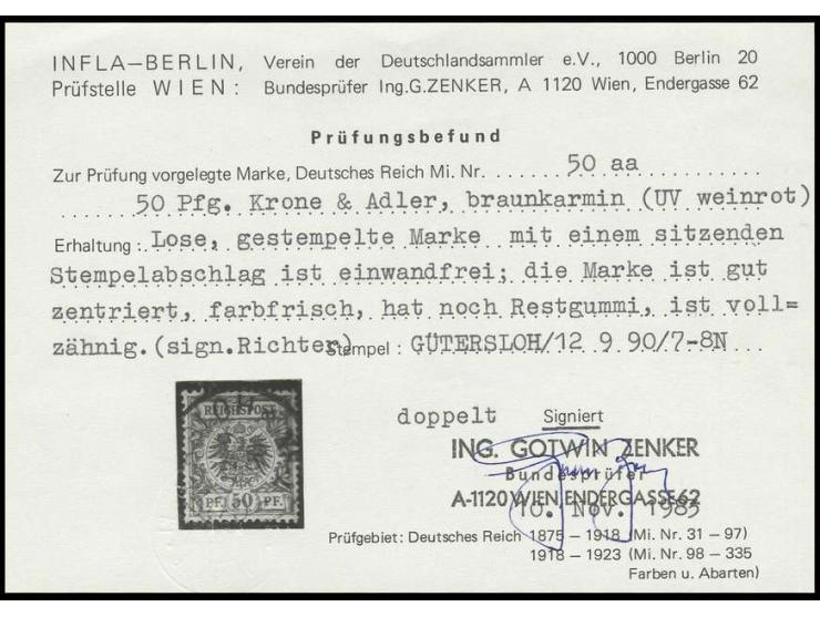 50 Pfg. bräunlichkarmin, farbfrisch, gut gezähnt und zentriert mit zentrischem Stempel "GÜTERSLOH 12 9 90" und Teilen von Res