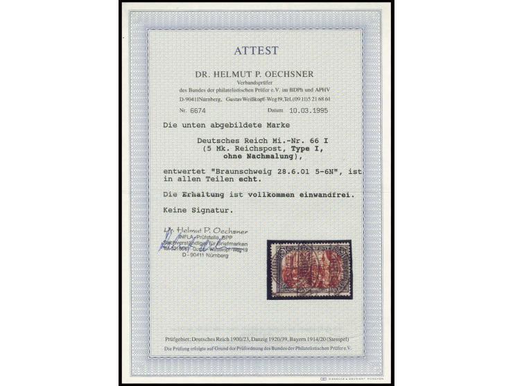 5 M., in Type I, sauber gestempelt "BRAUNSCHWEIG 28.6.01", Kabinett, Fotoattest Dr. Oechsner BPP (Mi. 2.800,-)