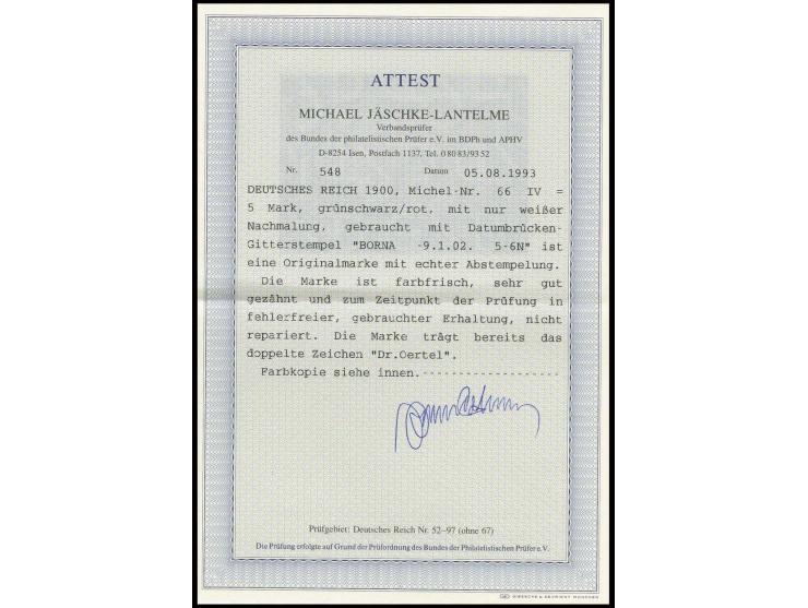 5 M., in Type IV, sauber gestempelt "BORNA 9.1.02", Kabinett, doppelt sign. Dr. Oertel sowie Fotoattest Jäschke-L. BPP (Mi. 8