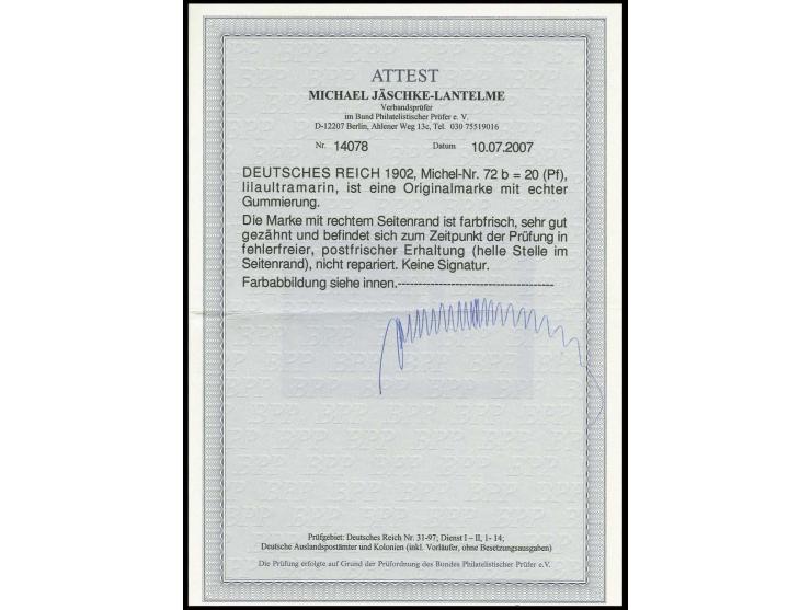 20 Pfg. lilaultramarin, rechtes Randstück (hier kleine helle Stelle), postfrisch, Kabinett, Fotoattest Jäschke-L. BPP (Mi. 3.