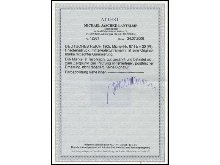 1905/13, Friedensdruck: 20 Pfg. mittelviolettultramarin, farbfrisch und gut gezähnt in einwandfreier Erhaltung, unsigniert, F