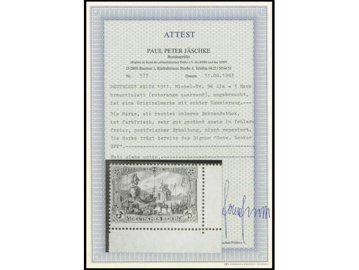 3 M., rechte untere Bogenecke, postfrisch, Pracht, sign. Zenker BPP und Fotoattest Jäschke BPP (Mi. 1.100,-)