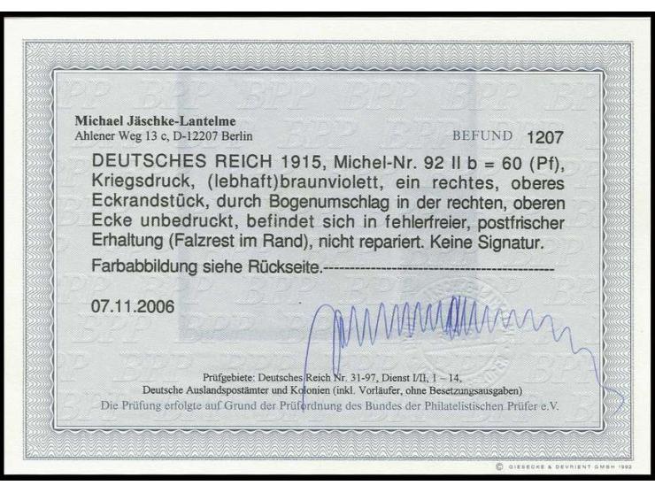 60 Pfg. braunviolett aus der rechten oberen Bogenecke, durch Bogenumschlag ist die rechte obere Ecke unbedruckt, wodurch ein 