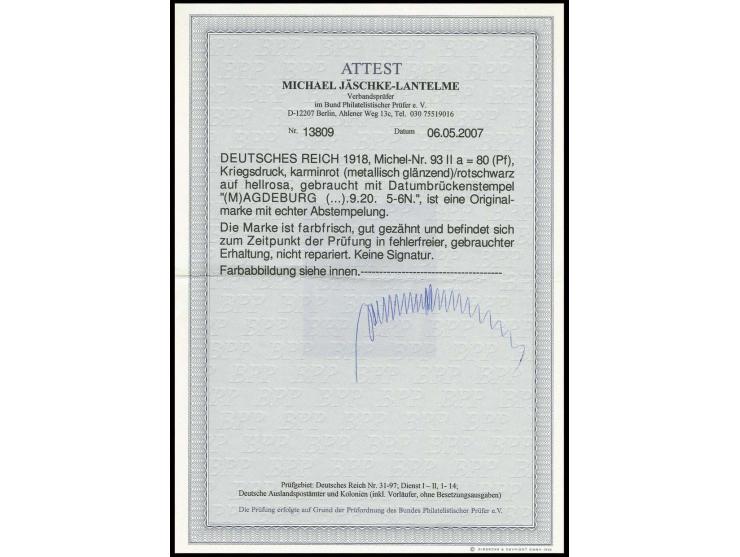 80 Pfg., metallisch/glänzend, sauber gestempelt "(M)AGDEBURG 9.20", in einwandfreier Erhaltung, Fotoattest Jäschke-L. BPP