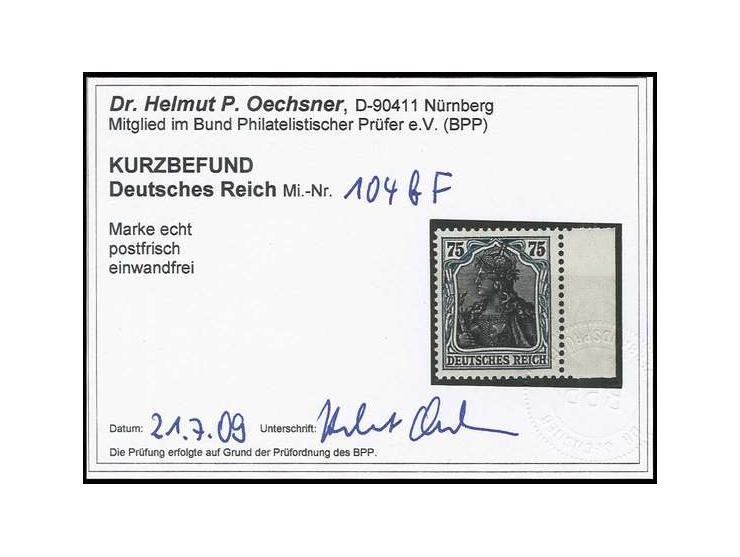 75 Pfg., Rahmen bläulichgrün, postfrisches rechtes Randstück, Luxus, Fotokurzbefund Dr. Oechsner BPP (Mi. 400,-)