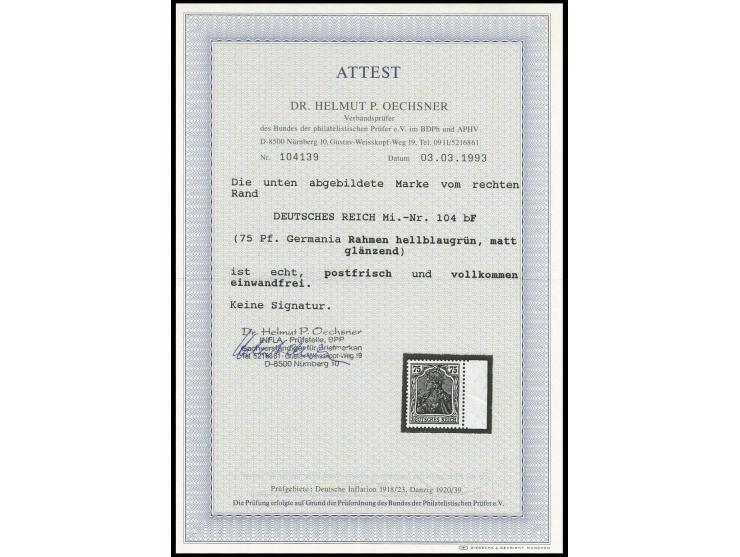 75 Pfg., postfrisches rechtes Randstück, Luxus, Fotoattest Dr. Oechsner BPP (Mi. 400,-)