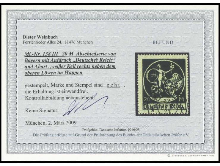 20 M. mit Plattenfehler "weißer Keil neben Löwen", sauber gestempelt, Kabinett, Fotobefund Weinbuch BPP (Mi. 450,-)