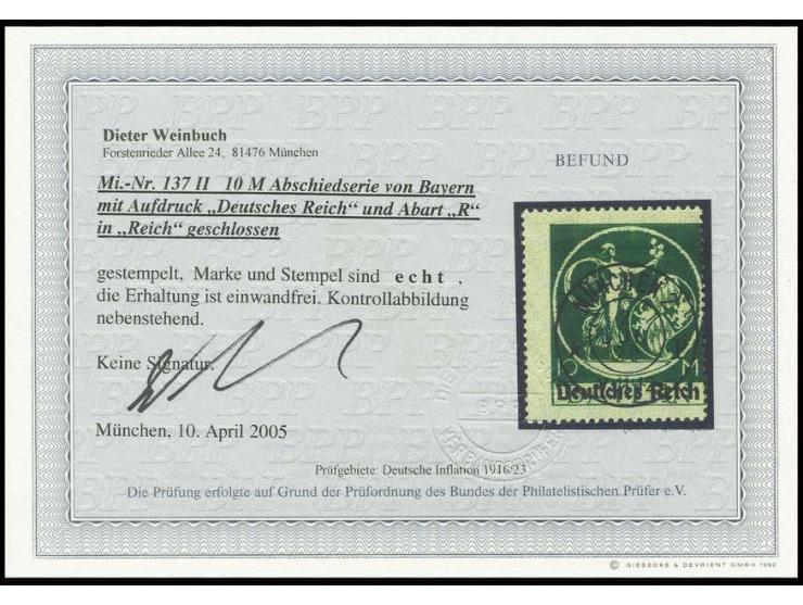 10 M., sauber zentrisch gestempelt "MÜNCHEN 2 2 JUN 20", Kabinett, Befund Weinbuch BPP