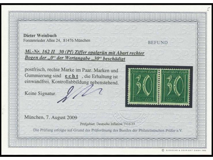 30 Pfg. im waagerechten Paar, rechte Marke mit Plattenfehler "Bogen der 0 von 30 beschädigt", Kabinett, Befund Weinbuch BPP
