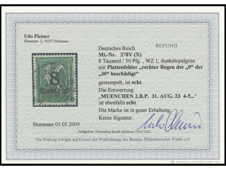 Hochinflation: 8 Tsd. auf 30 Pfg. mit Plattenfehler "rechter Bogen der '0' beschädigt", gestempelt "MUENCHEN 31. AUG. 23", Ka