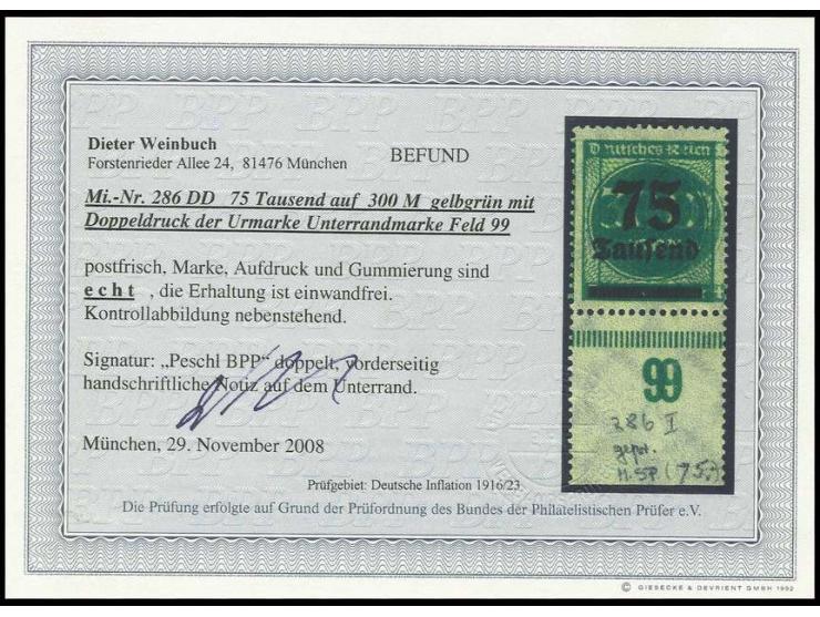 75 Tsd. auf 300M., Unterrandstück mit deutlichem Doppeldruck der Urmarke, postfrisch, Pracht, doppelt sign. Peschl BPP und Be
