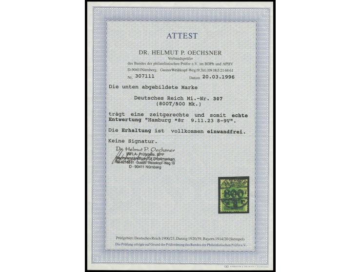 800 Tsd. auf 500 M., sauber und zeitgerecht gestempelt "HAMBURG 9.11.23", Kabinett, Fotoattest Dr. Oechsner BPP (Mi. 2.000,-)