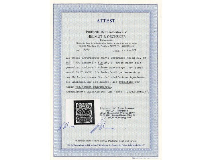 800 Tsd. auf 500 M. mit zentrischem Stempel "SOEST 8.10.23", Kabinett, sign. Infla und Oechsner BPP mit Fotoattest (Mi. 2.000