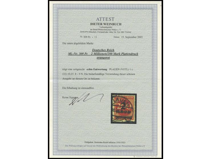 2 Mio. auf 200 M. orangerot, sauber gestempelt, Kabinett, Fotoattest Weinbuch BPP (Mi. 1100,-)