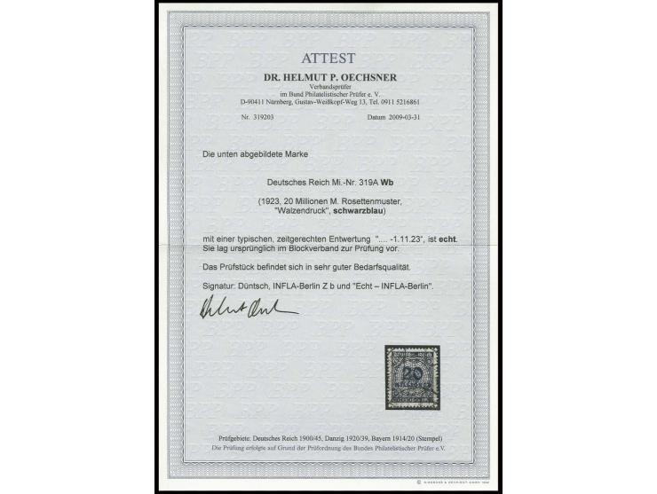 20 Mio. M. schwarzblau, sauber zeitgerecht entwertet, Pracht, sign. Infla und Düntsch sowie Fotoattest Dr. Oechsner BPP (Mi. 