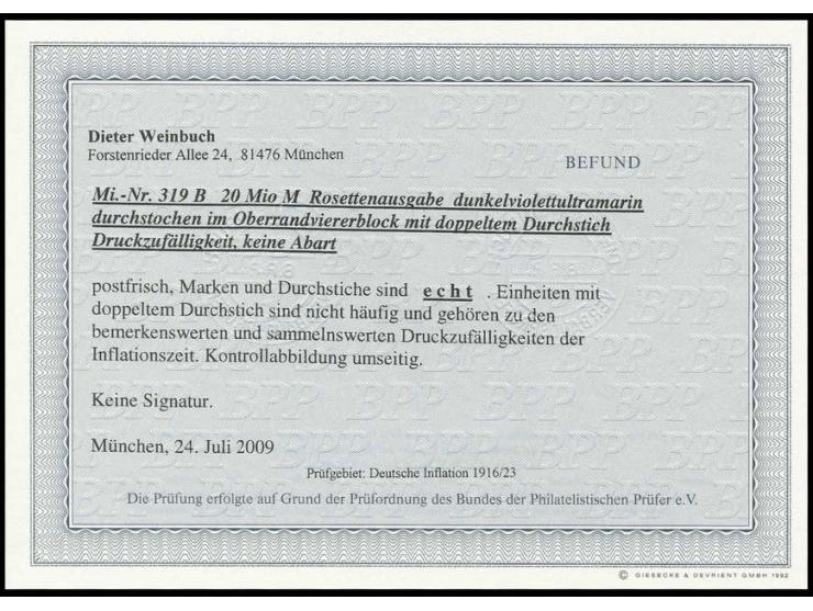 20 Mio. M., 4er-Block vom Oberrand mit allseits doppeltem Durchstich, postfrisch, Pracht, Fotobefund Weinbuch BPP