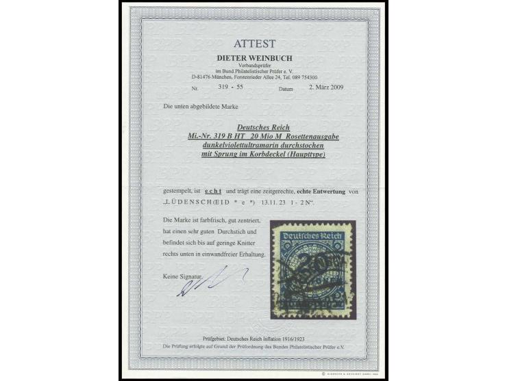 20 Mio. M. mit "Sprung im Korbdeckel", gestempelt "LÜDENSCHEID 13.11.23", guter Durchstich und bis auf geringe Knitter rechts