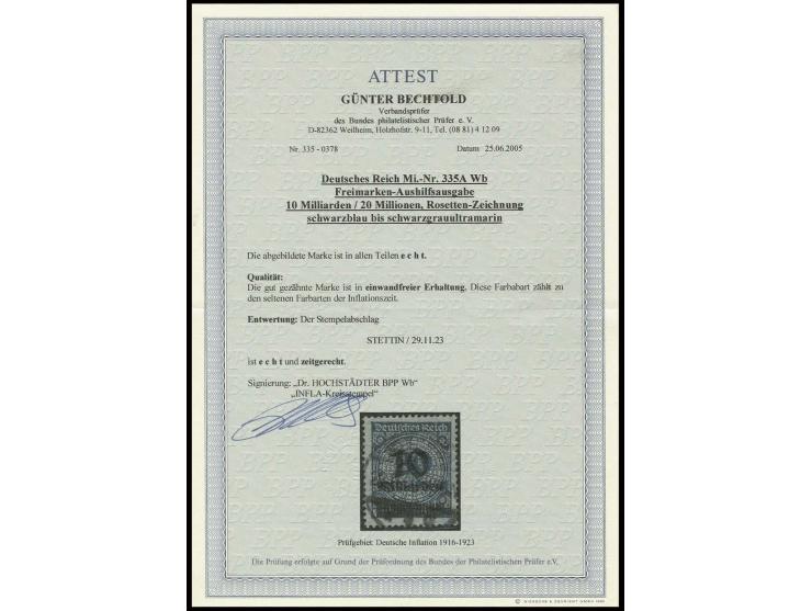 10 Mrd. auf 20 Mio. M. schwarzblau mit Stempel "STETTIN 29.11.23", Kabinett, sign. Infla und Fotoattest Bechtold BPP