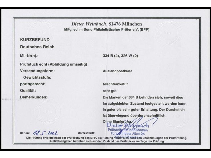 5 Mrd. auf 10 Mio. M., zwei senkrechte Paare mit gutem Durchstich und portogerechter Zusatzfrankatur auf Auslandspostkarte vo