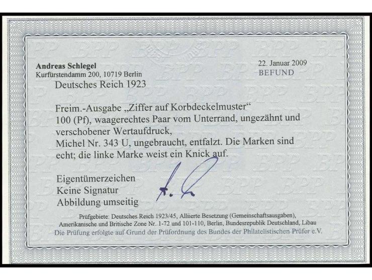 100 Pfg., waagerechtes Unterrandpaar, ungezähnt mit verschobenem Wertaufdruck, ungebraucht, die linke Marke mit Bugspur im Au