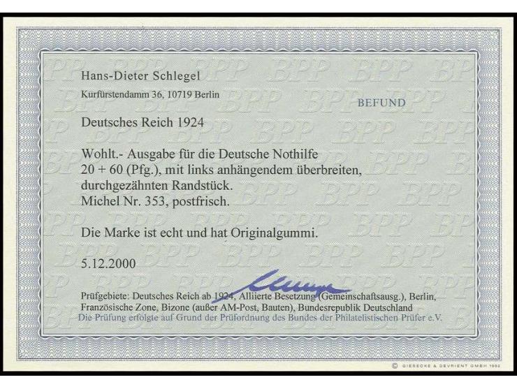 20 Pfg. mit durchgezähntem Leerfeld links, außerordentlich selten, Pracht, Fotobefund H.-D. Schlegel BPP