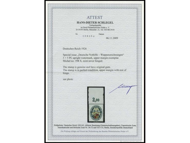 Nothilfe mit Wz. stehend: 5 Pfg., Oberrandstück, postfrisch, im Oberrand mit Falzrest, Kabinett, unsigniert mit Fotoattest D.