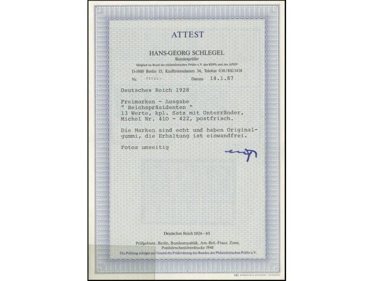 1928, Reichspräsidenten 3-80 Pfg. kpl., alles Unterrandstücke, postfrisch, Kabinett, Fotoattest Schlegel BPP