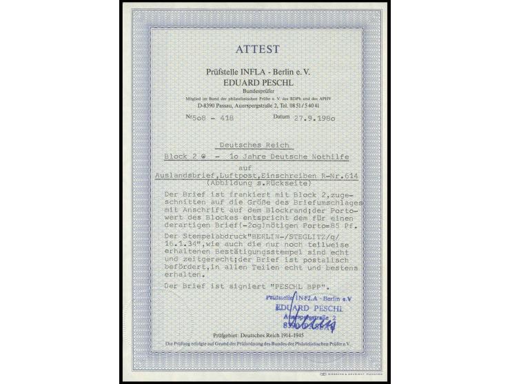 dito, formatverkleinert mit Stempel "BERLIN-STEGLITZ 16.1.34" auf portogerechtem R-Flugpostbrief, dabei der Block als Briefvo