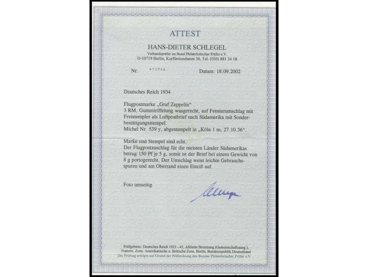 3 M. mit  Absenderfreistempel 25 Pfg. auf Luftpost-Fensterbrief (leichte Randmängel) von "KÖLN 27.10.36" nach Südamerika, Fot
